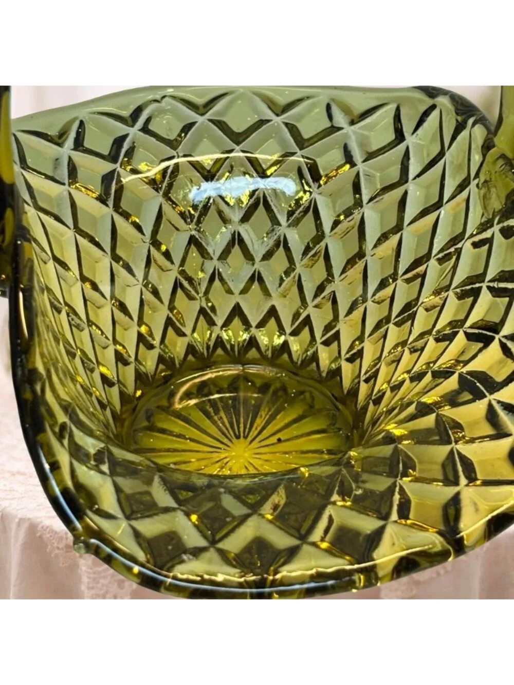 Vintage Indiana Glass Olive Green Diamond  Point Handled Basket 7 inches MCM - Picture 4 of 10